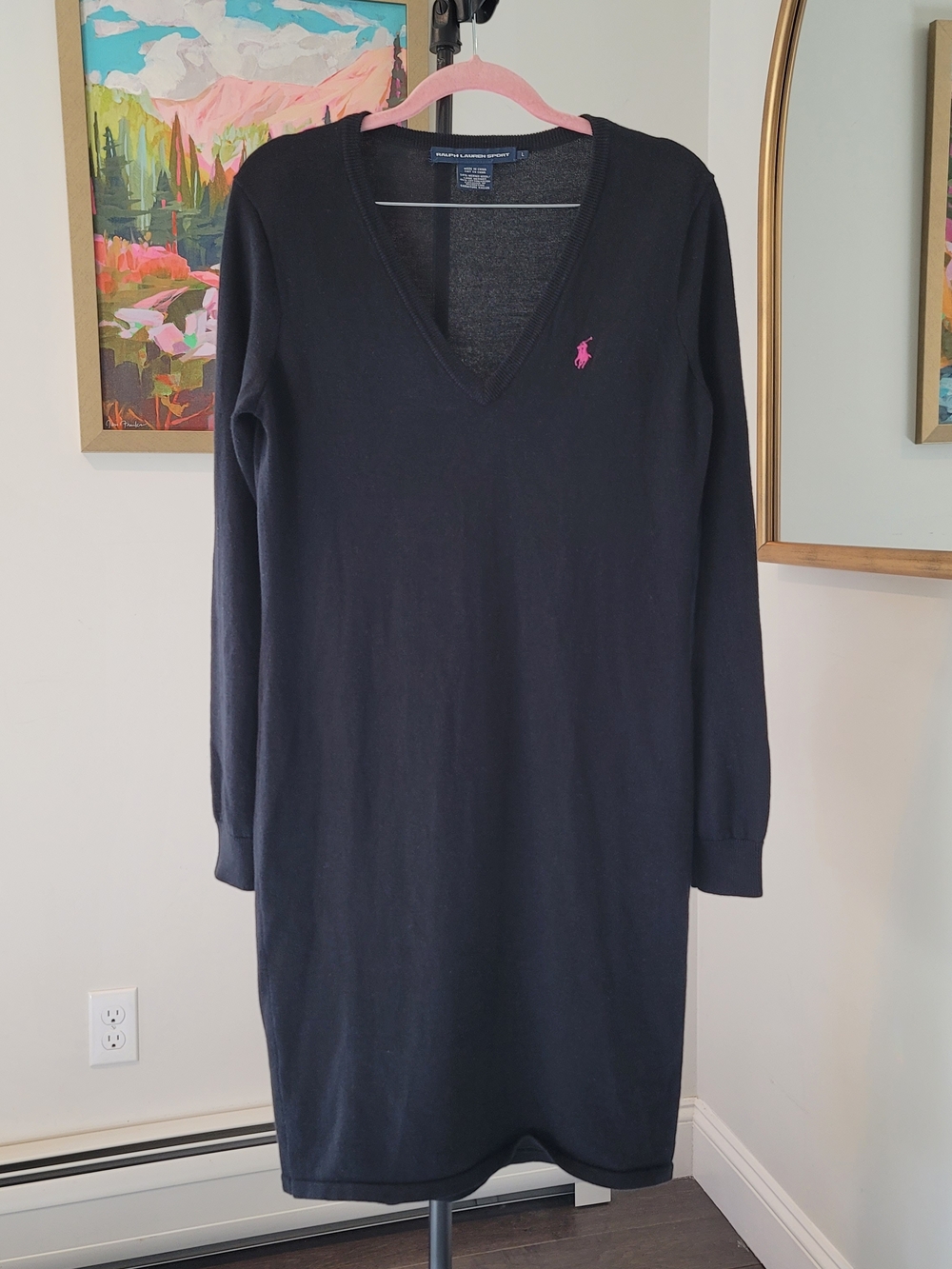 RALPH LAUREN SPORT Black V-Neck Long Sleeve Sweater Dress with Pink Pony Size L